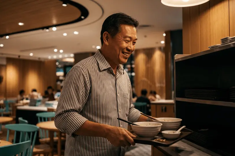 A candid, cinematic photograph of a smiling patron in a striped shirt happily returning a tray of empty bowls to a tray return station in a modern, warmly lit food court setting.