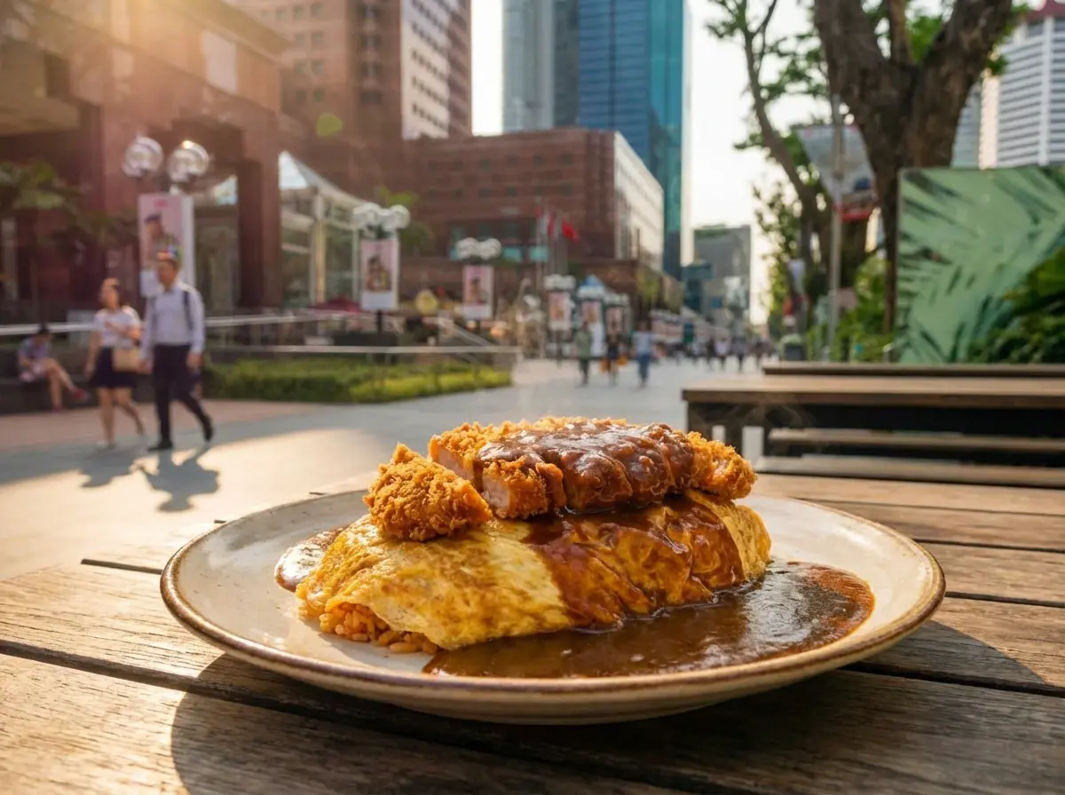 A close-up of Japanese omurice topped with a golden-brown fried cutlet and dark curry sauce, sitting on an outdoor wooden table in a vibrant, sunlit pedestrian district in Singapore.