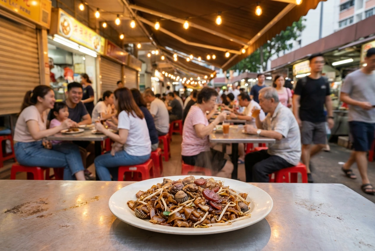 Char-Kway-Teow- (1) A steaming plate of Char Kway Teow rests on a metal table in the foreground, set against the vibrant, blurred backdrop of a busy Singapore hawker center at night where patrons dine under warm string lights.