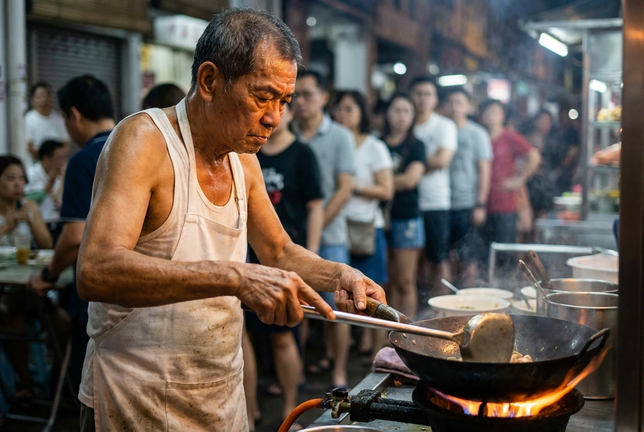 Char-Kway-Teow- (2) An experienced hawker in a white singlet and apron masterfully stir-fries Char Kway Teow in a wok over a roaring open flame, while a long line of eager customers waits patiently in the background.