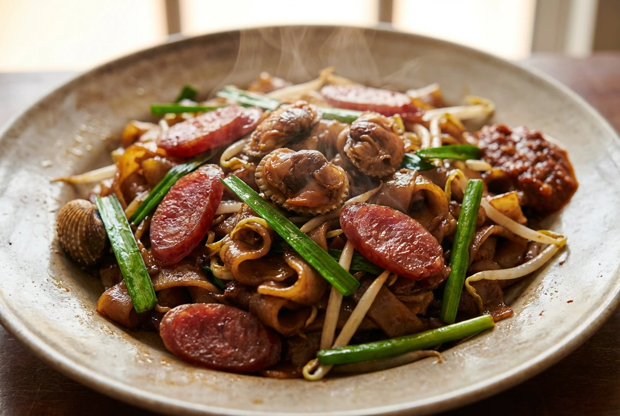 Char-Kway-Teow- (3) A mouth-watering close-up of steaming Char Kway Teow, showcasing glossy dark flat rice noodles tossed with plump cockles, sliced Chinese sausage, crisp bean sprouts, green chives, and a dollop of chili paste on the side.