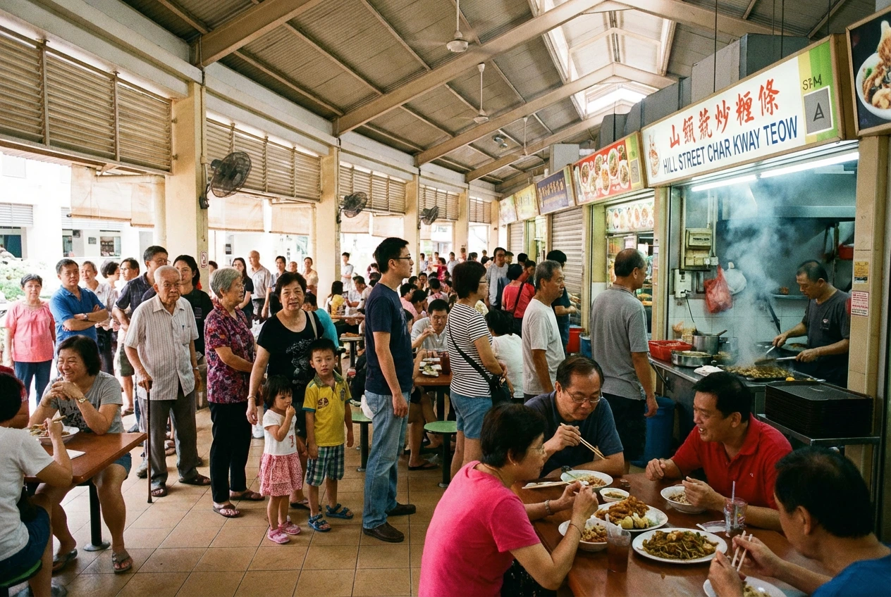 Char-Kway-Teow- (4) A daytime crowd at a bustling hawker center, featuring a long queue of foodies waiting in front of the well-known Hill Street Char Kway Teow stall while other patrons enjoy their meals at nearby tables.