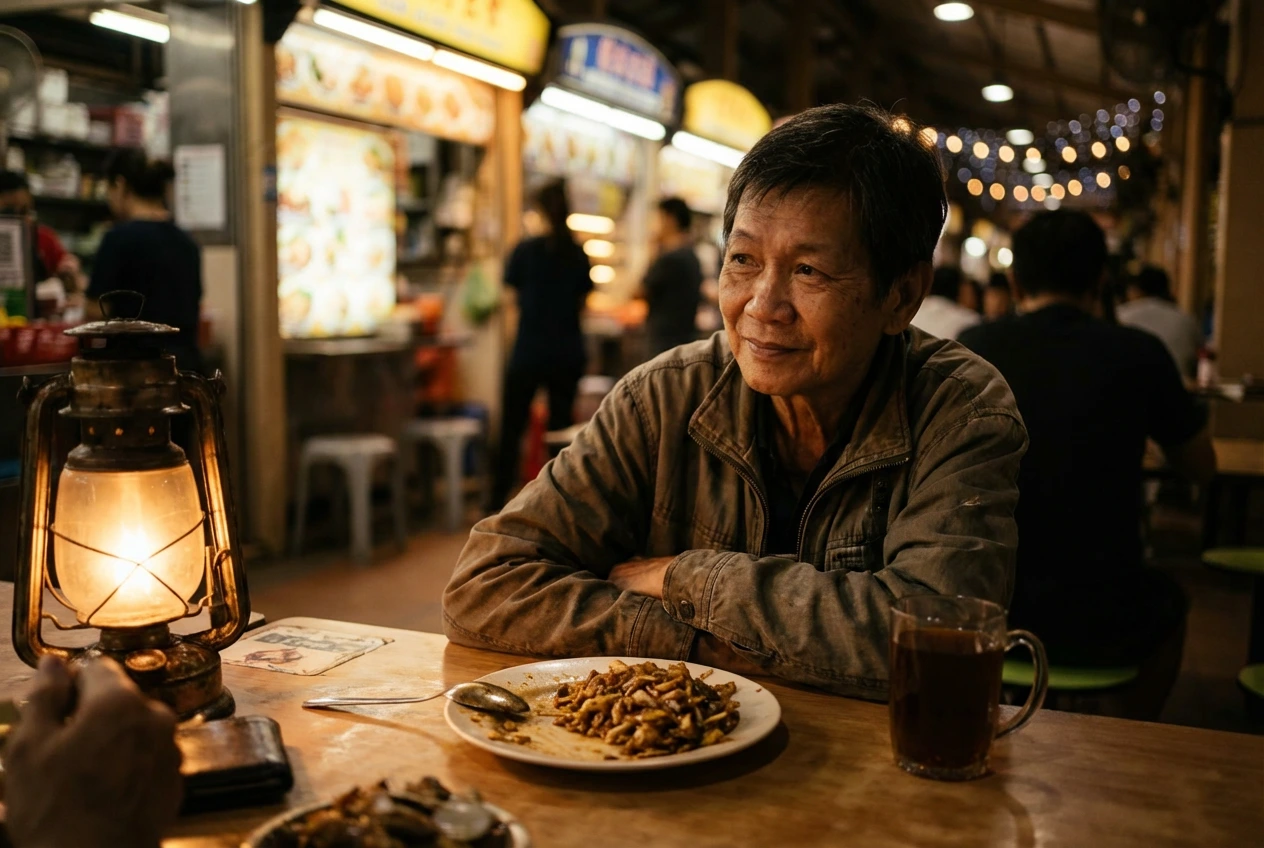 Char-Kway-Teow- (5) A softly lit evening portrait of a smiling older man seated at a hawker center table, illuminated by a warm kerosene lantern with a comforting, partially eaten plate of Char Kway Teow in front of him.