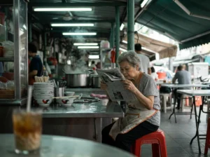An elderly woman wearing an apron sits on a red plastic stool, engrossed in a newspaper at an open-air food stall. Beside her on a metal counter are stacks of rooster-patterned bowls and chopsticks, while thick steam billows from large cooking pots in the background.