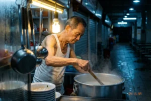 An elderly man in a white tank top stands under the warm glow of a lightbulb, stirring a large, steaming metal pot with a wooden paddle. He is working at a food stall in a dimly lit, empty market corridor with closed metal shutters in the background. A digital timestamp in the bottom right corner reads 04:15 AM.