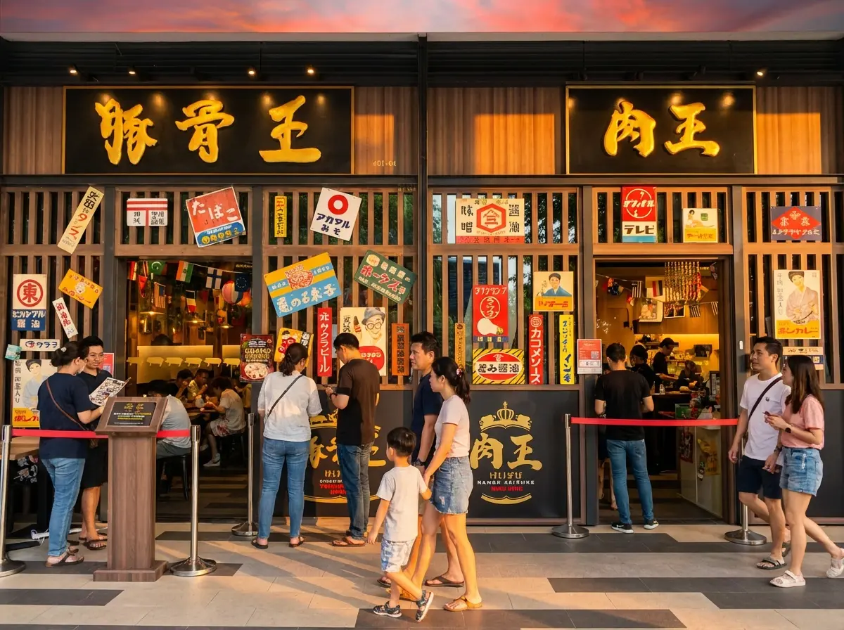A busy queue of local diners waiting outside a retro-styled Japanese restaurant, Ramen Keisuke, in Singapore, adorned with vintage Japanese signage.