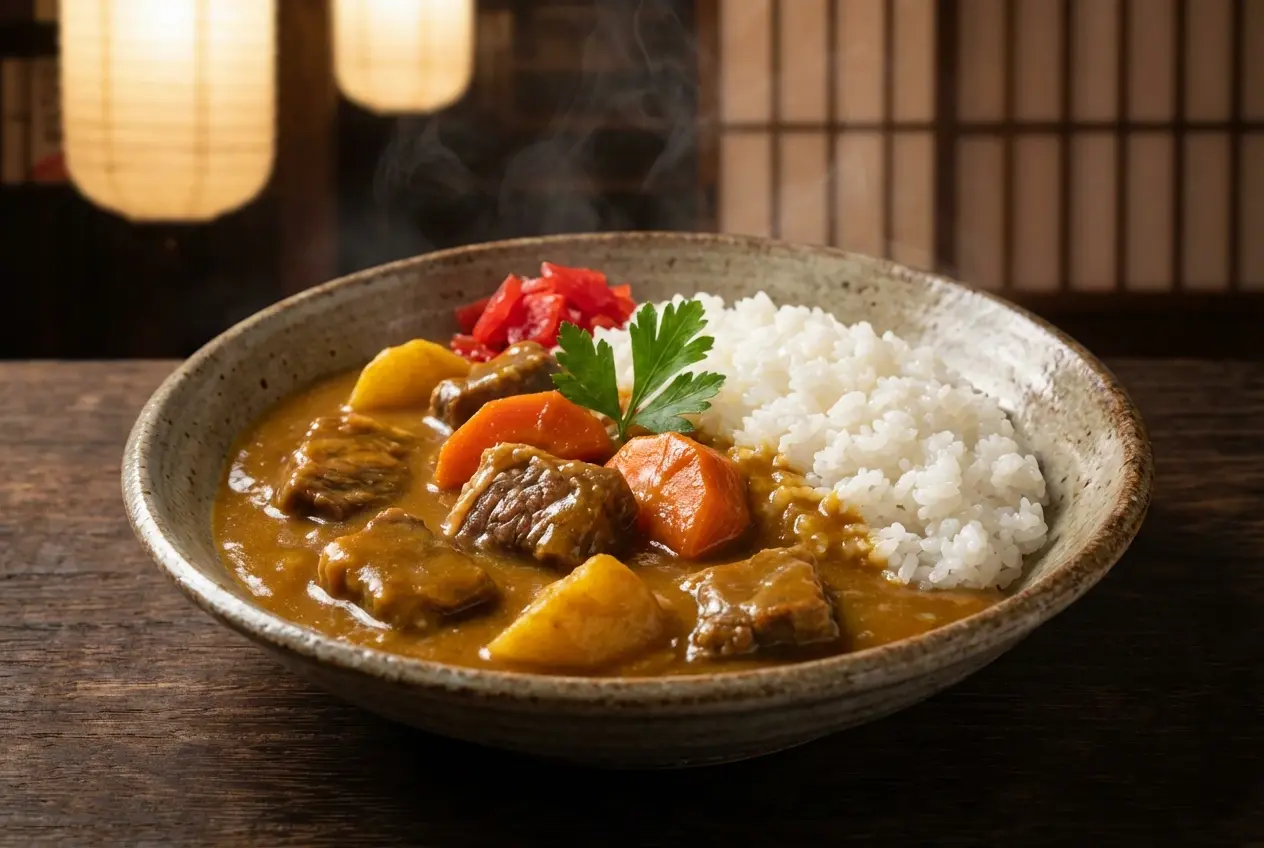 A steaming, rustic bowl of classic Japanese beef curry with hearty chunks of meat, potatoes, and carrots, served alongside white rice and red pickled radish on a wooden table.