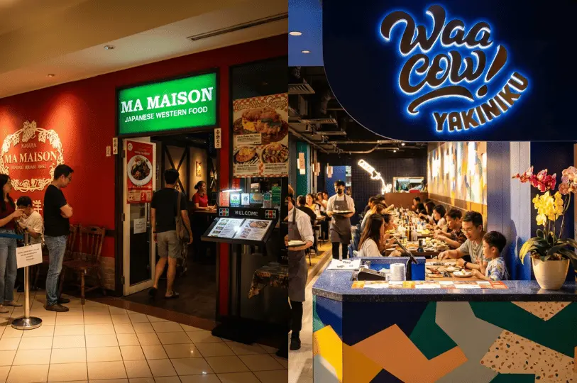 A split image featuring customers queuing outside the red-walled Ma Maison Japanese Western Food restaurant on the left, alongside a bustling interior shot of diners enjoying a meal at Waa Cow! Yakiniku.
