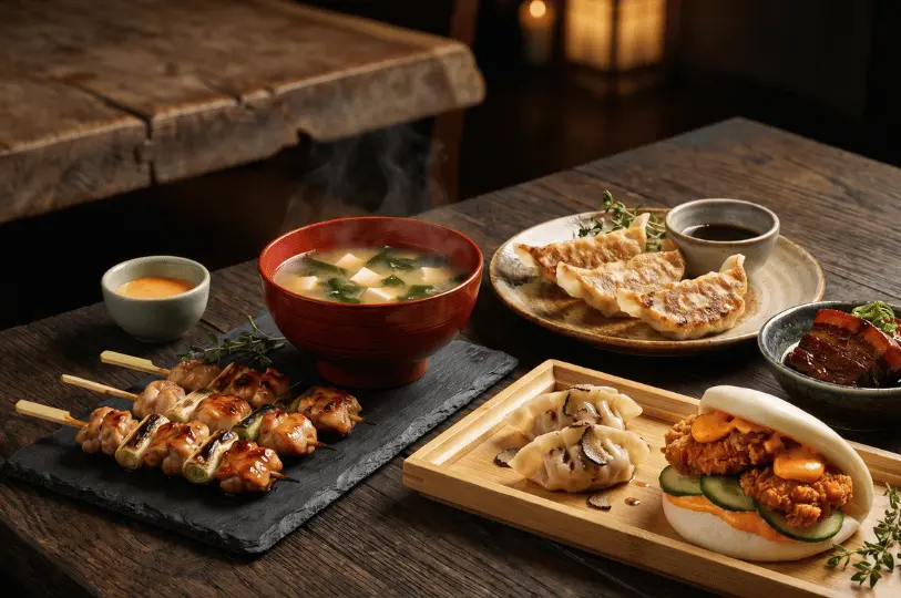 A stylized spread of premium izakaya food on a rustic dark wooden table, including glazed yakitori skewers, pan-fried gyoza, truffle dumplings, a fried chicken bao, and a steaming bowl of miso soup.