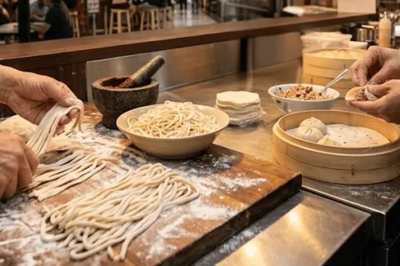 A close-up, warm view of a busy kitchen counter where staff are actively hand-pulling fresh noodles and delicately folding dumplings next to traditional bamboo steamers.