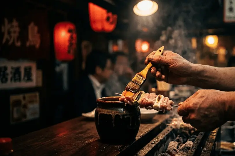 Close-up photography of a chef's hands using a traditional wooden brush to apply a rich glaze to yakitori skewers cooking over a charcoal grill inside an intimate, dimly lit izakaya.