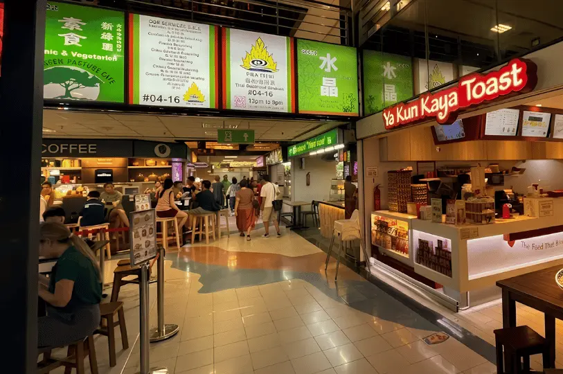 A wide, softly lit view of a bustling ground-floor corridor in a dining center, featuring brightly colored food stalls and patrons enjoying their meals at tables right in the walkway.