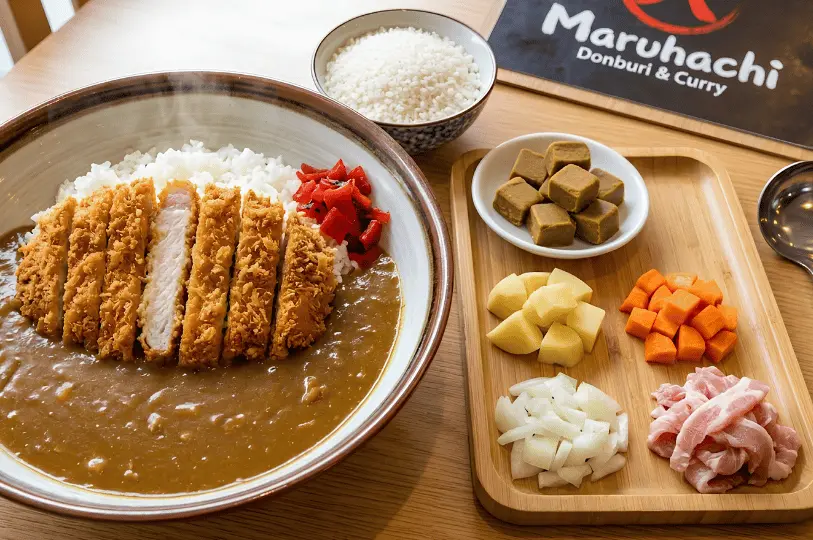 Deconstructed presentation of Maruhachi Donburi's signature pork katsu curry, featuring the finished dish alongside a wooden tray of fresh, raw ingredients and solid Japanese curry roux cubes.