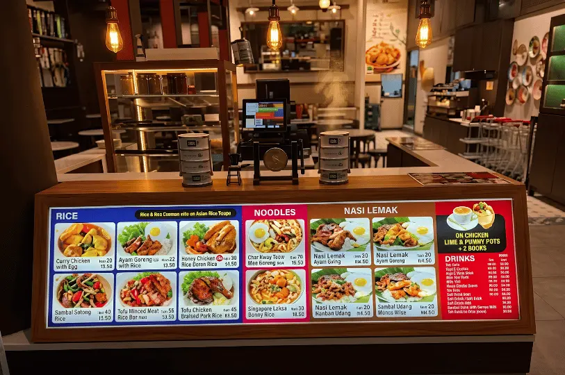 Warmly lit restaurant ordering counter featuring a vibrant digital menu board displaying diverse rice, noodle, and nasi lemak combo meals under vintage pendant lights.