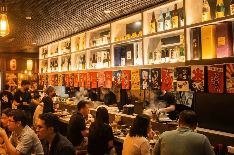 A bustling, lively izakaya counter where diners enjoy their meals while masked chefs cook in a busy open kitchen, framed by colorful Japanese banners and brightly lit shelves of sake bottles.