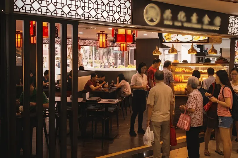 A heavy lunchtime queue of diverse patrons waiting in line outside a traditional vegetarian eatery, with a softly blurred background emphasizing the bustling crowd.