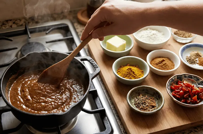 Close-up of a chef stirring a rich, dark homemade curry roux in a cast-iron pot on a stovetop, surrounded by small bowls of meticulously prepped spices and ingredients.