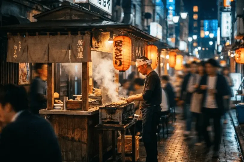 A bustling night street scene featuring an outdoor izakaya food stall where a chef grills skewers in thick smoke under glowing red lanterns, contrasted against blurred pedestrians walking by in the background.