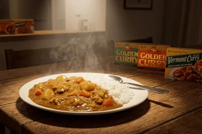 A warm spotlight shines on a plate of classic Japanese chicken curry and rice, with iconic boxes of Golden Curry and Vermont Curry roux resting in the softly lit background.