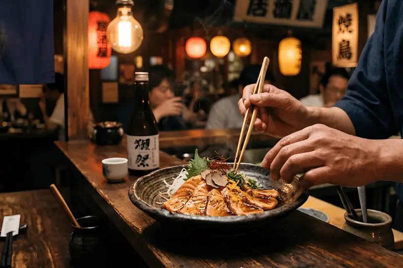 A chef's hands using wooden chopsticks to carefully arrange a beautifully plated dish of glazed meat in a rustic ceramic bowl at a wooden counter, with a bottle of sake in the soft-focused background.
