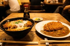 Deconstructed presentation of Maruhachi Donburi's signature pork katsu curry, featuring the finished dish alongside a wooden tray of fresh, raw ingredients and solid Japanese curry roux cubes.