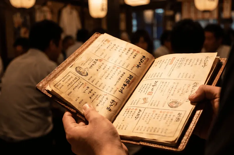 A close-up view of a person's hands holding open a traditional Japanese izakaya menu filled with text and illustrations, set against the warmly lit, blurred background of restaurant diners.
