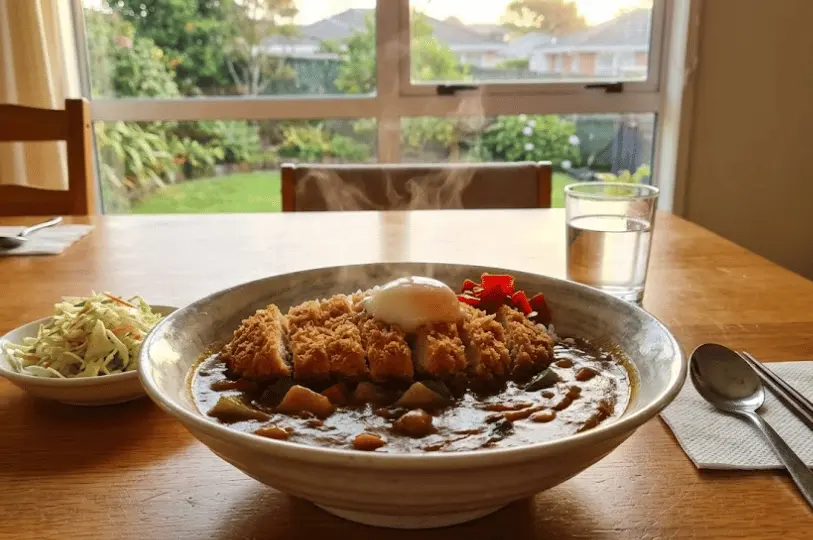 A steaming, comforting bowl of katsu curry topped with a soft-boiled egg, served on a wooden dining table with a sunny window view in the background.