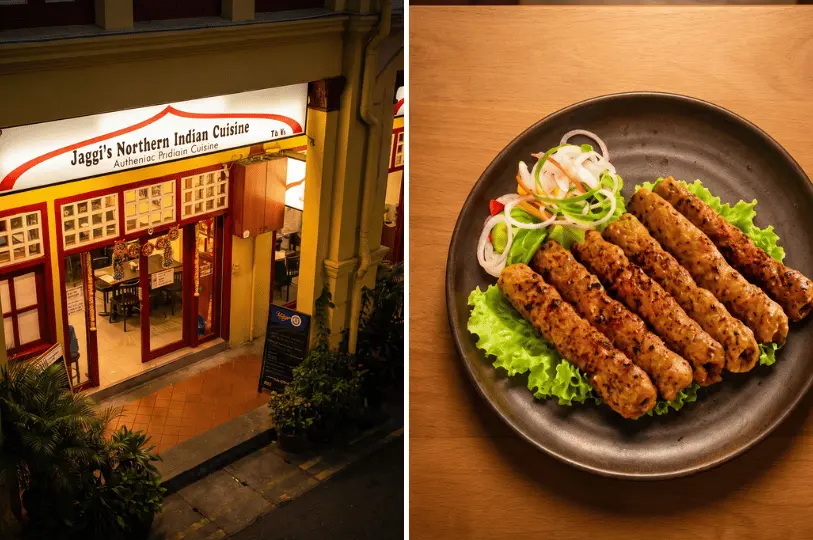 An exterior view of Jaggi's Northern Indian Cuisine restaurant in Singapore alongside a plate of grilled seekh kebabs served with fresh salad.