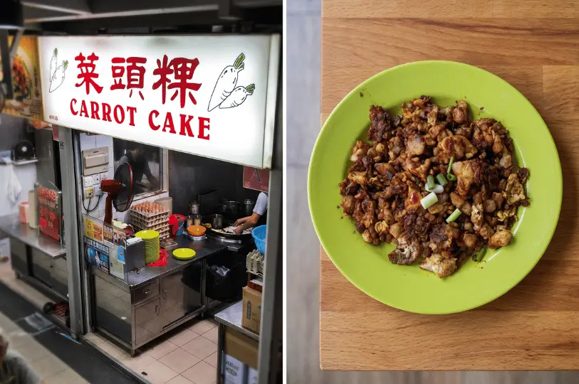 A side-by-side photo displaying a bustling Carrot Cake hawker stall with a vendor cooking at a wok on the left, and a bright green plate piled high with dark, pan-fried radish cake on a wooden surface on the right.
