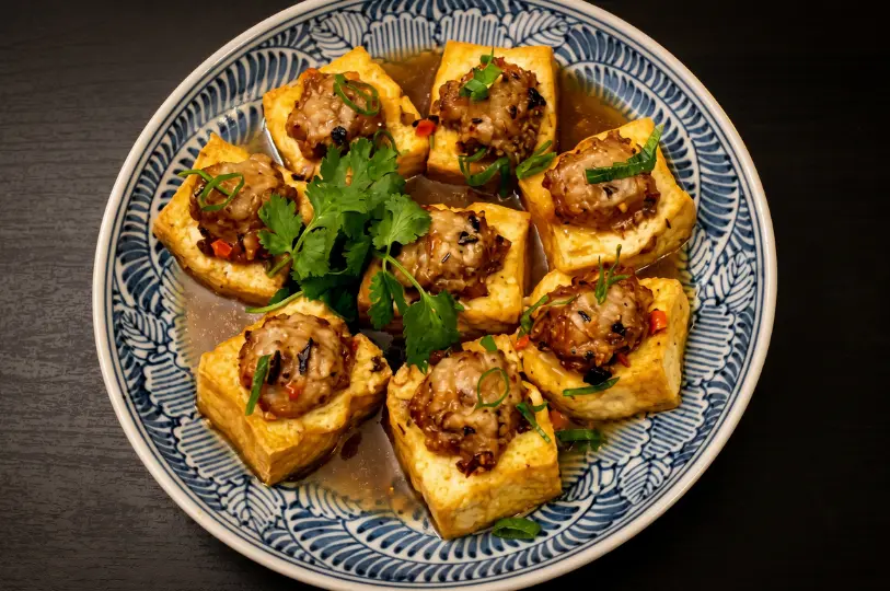 A close-up of a blue and white patterned plate holding golden-brown pieces of fried tofu stuffed with a savory meat paste, garnished with fresh cilantro and green onions in a light sauce.