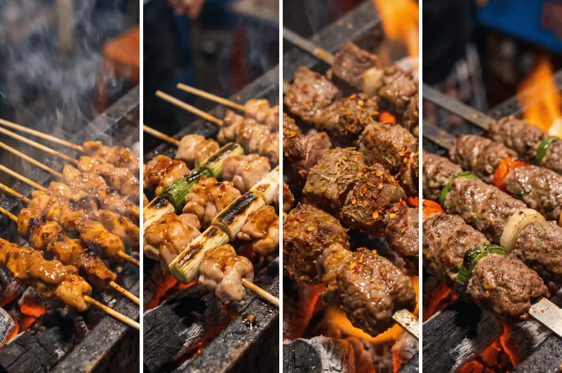 A four-panel close-up view of various meats, including chicken, scallions, and spiced beef, cooking directly over glowing charcoal flames.