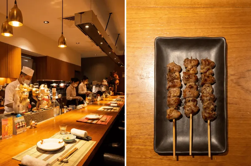 A split image showing an elegant restaurant interior with a chef and a close-up of three grilled meat skewers served on a black plate.