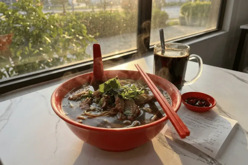 A steaming bowl of savory meat and noodle soup served in a red bowl with red chopsticks resting on top. It sits on a bright marble-patterned table next to a glass mug of dark black coffee, a small saucer of chili paste, and a printed receipt, illuminated by warm sunlight from a nearby window.