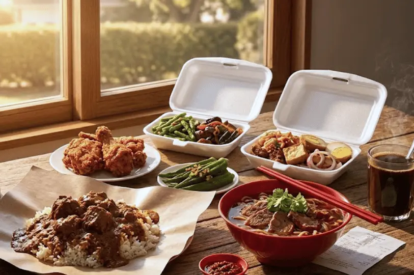 A large spread of local hawker dishes arranged on a wooden table near a window, including a bowl of noodle soup, rice topped with dark curry on brown paper, a plate of fried chicken, a small dish of okra, a glass of dark coffee, and open takeaway boxes filled with assorted vegetables, tofu, and boiled egg.