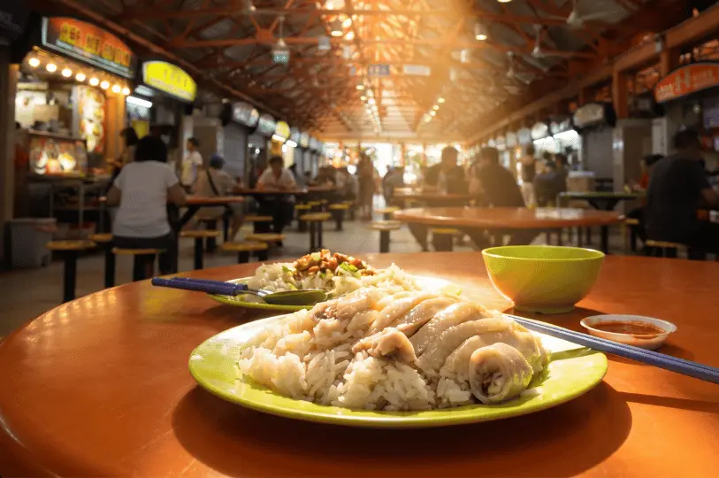 A low-angle, close-up shot of a plate of Hainanese chicken rice resting on a bright orange table, set against a beautifully blurred, warm-toned bokeh background of diners inside the busy food centre.