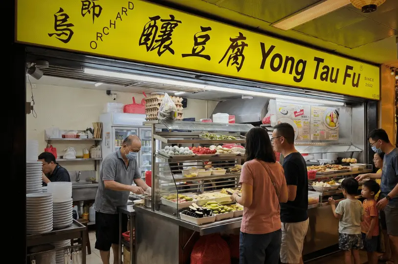 A brightly lit Yong Tau Fu food stall with a distinctive yellow sign. A worker prepares bowls behind the counter while a family stands in front of a large, tiered display of fresh vegetables, tofu, and fish paste items.