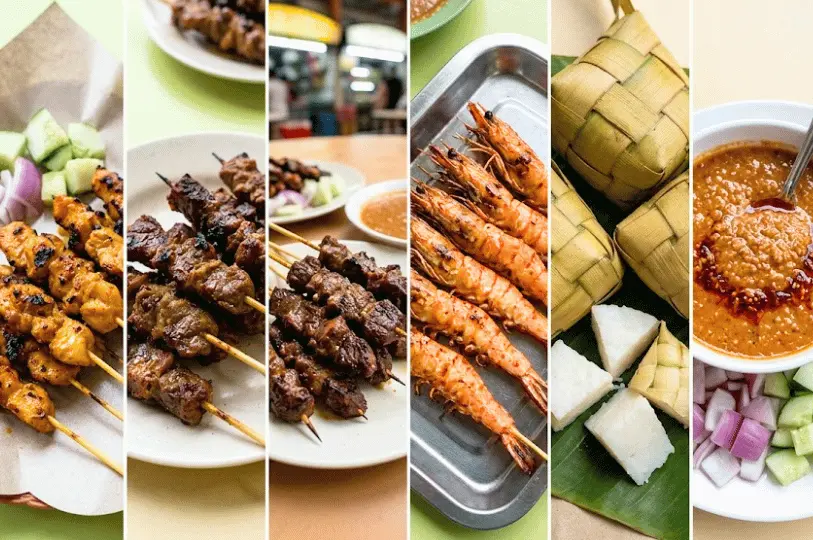 A collage showcasing classic satay street food: grilled chicken, beef, and prawn skewers, alongside woven ketupat rice cakes, raw red onions, cucumbers, and spicy peanut dipping sauce.