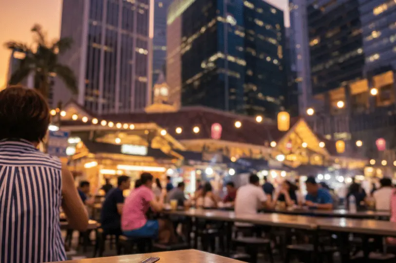 Soft-focus evening view of diners seated at long tables outside Lau Pa Sat, with warm string lights and towering city skyscrapers illuminated in the background.