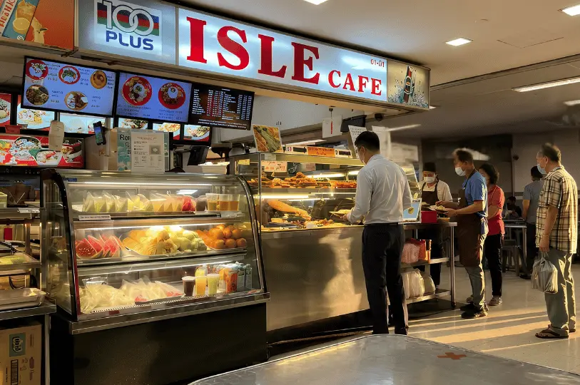 Several customers standing in line to order food at the Isle Cafe stall. The stall features a brightly lit