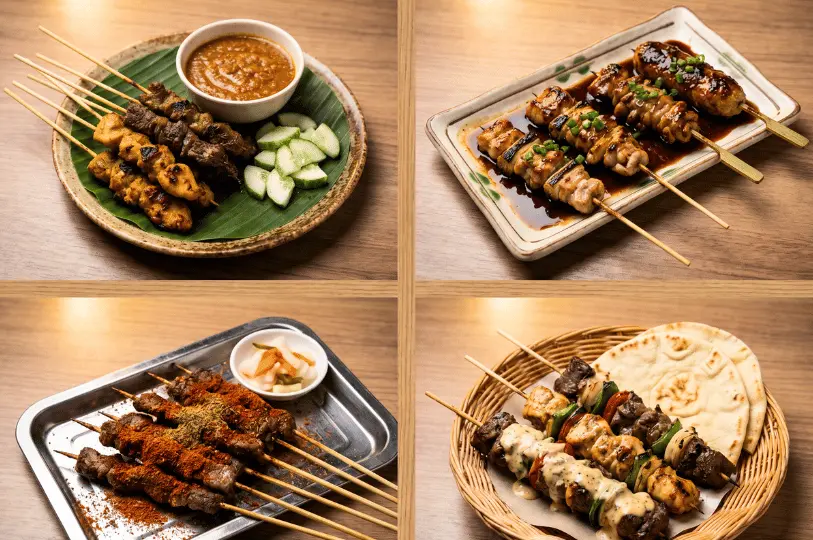 A collage showing four types of grilled meat skewers, including satay with peanut sauce, chicken skewers with glaze, spiced beef skewers, and meat skewers with pita bread.