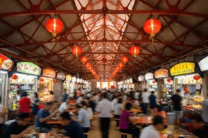 A wide-angle shot capturing the bustling atmosphere inside Maxwell Food Centre, featuring its iconic red metal roof trusses, hanging red lanterns, and motion-blurred crowds dining between rows of illuminated food stalls.