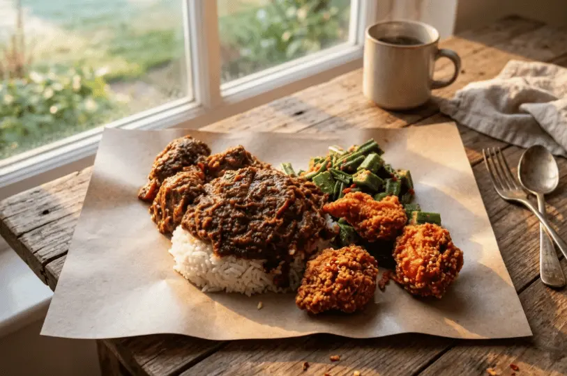 A rustic wooden table by a sunlit window showcasing a meal served on brown paper, featuring a mound of rice covered in a thick, dark meat curry, alongside pieces of fried chicken and a serving of green beans and okra. A mug of coffee rests in the background.