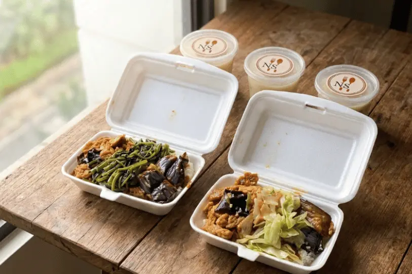 Two open white styrofoam takeaway boxes filled with rice, green vegetables like water spinach, and braised eggplant resting on a rustic wooden table, with three small sealed plastic containers sitting behind them.