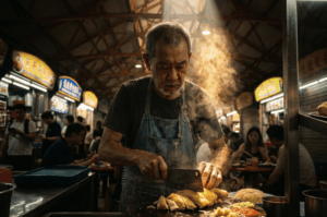 An older hawker chef in a denim apron concentrates deeply as he uses a large metal cleaver to deliberately chop cooked chicken on a dark wooden block. Plumes of steam rise around him, illuminated by a warm overhead spotlight, while blurred patrons dine and converse in the bustling, dimly lit food market behind him.
