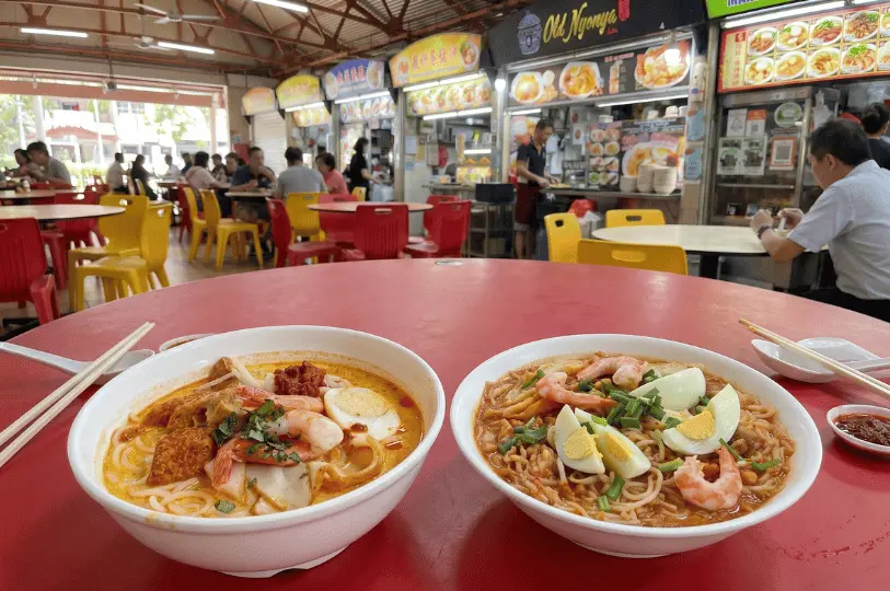 Two bowls of laksa on a bright red table. The bowls are garnished with prawns, hard-boiled eggs, fishcake, and sambal chili, with the bustling food centre softly blurred in the background.