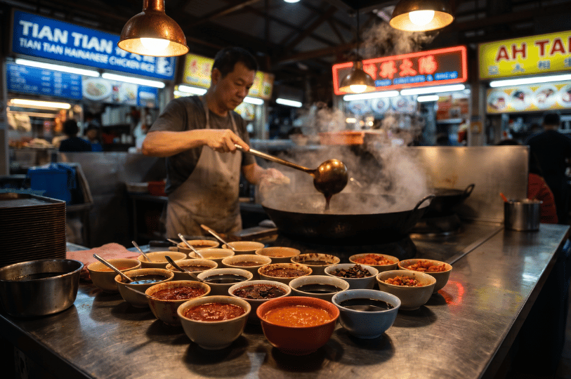 A chef in a bustling hawker center stirs a large, steaming wok with a ladle. In the foreground, a stainless steel counter is heavily lined with dozens of small bowls filled with an array of vibrant dipping sauces and condiments, including bright red chilies, dark soy sauces, and ginger pastes. Glowing stall signs, including one for Tian Tian Hainanese Chicken Rice, are visible in the background.