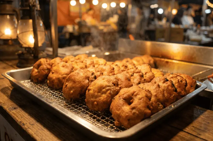 A large batch of freshly fried, golden-brown Fuzhou oyster cakes resting on a metal cooling rack under warm, atmospheric lighting.