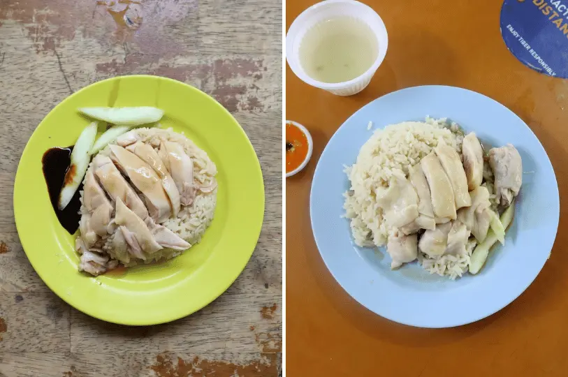 A side-by-side comparison of two chicken rice servings; one plated on a green dish with dark soy sauce and cucumber, and the other on a light blue dish with a side of clear soup.