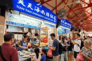 Customers queuing and taking photos at the bustling Tian Tian Hainanese Chicken Rice stall under its iconic blue sign, while a worker prepares several plates of food.